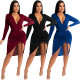 Fashion Korean velvet deep V sexy slim dress
