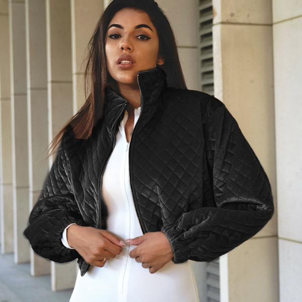 Autumn and winter diamond plaid stand collar zipper short jacket temperament quilted jacket women
