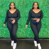 Fashion solid color pit strip deep V long-sleeved slim elastic waist autumn and winter two-piece suit