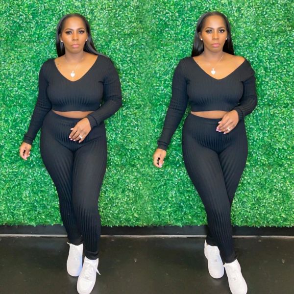 Fashion solid color pit strip deep V long-sleeved slim elastic waist autumn and winter two-piece suit