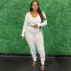 Fashion solid color pit strip deep V long-sleeved slim elastic waist autumn and winter two-piece suit