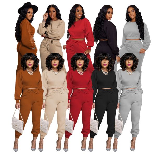 Women's solid color sweater two-piece thin velvet sports suit women