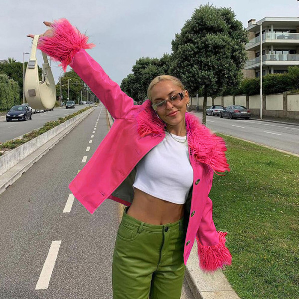 New women's fashion long-sleeved fur collar single-breasted slim-fit warm leather jacket women