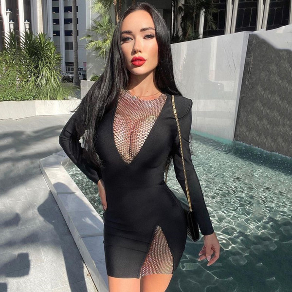New women's fashion long-sleeved sexy hollow stitching slim fit hip dress