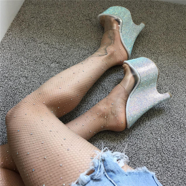 Women's new see-through mesh and diamond-studded trousers foot socks