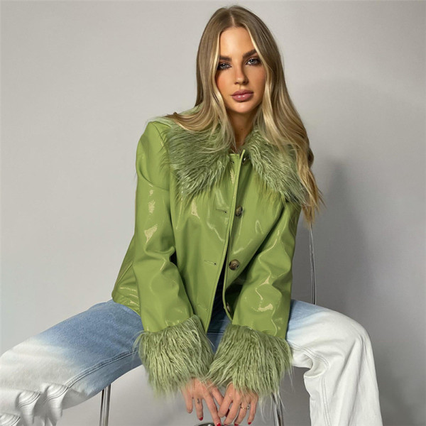 New women's fashion long-sleeved fur collar single-breasted slim-fit warm leather jacket women