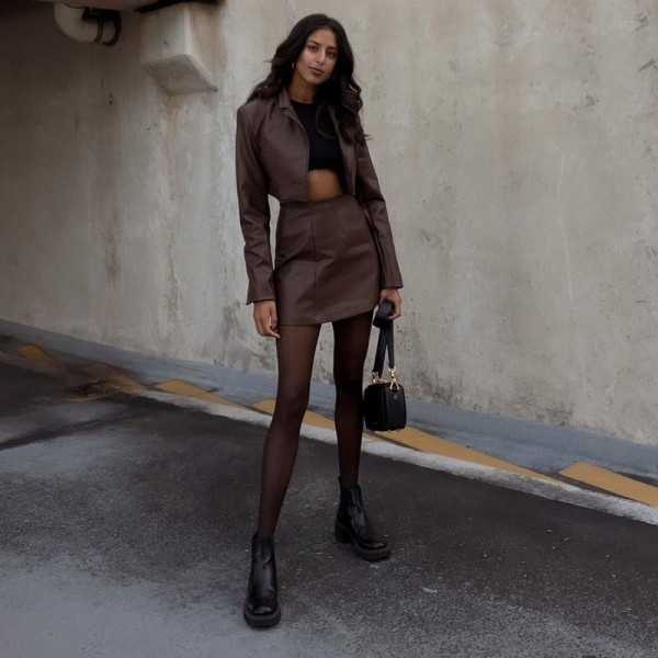 New women's lapel single-breasted jacket high waist bag hip PU skirt casual suit