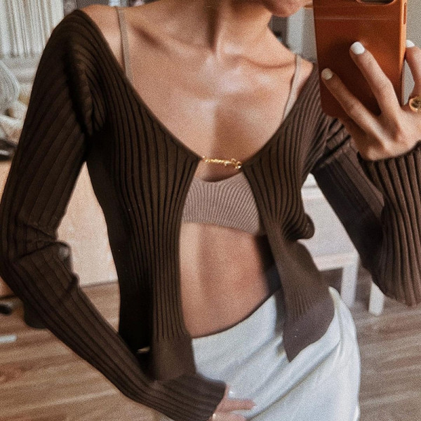 New women's long-sleeved half-open collar fashion cardigan Slim sexy cropped sweater women