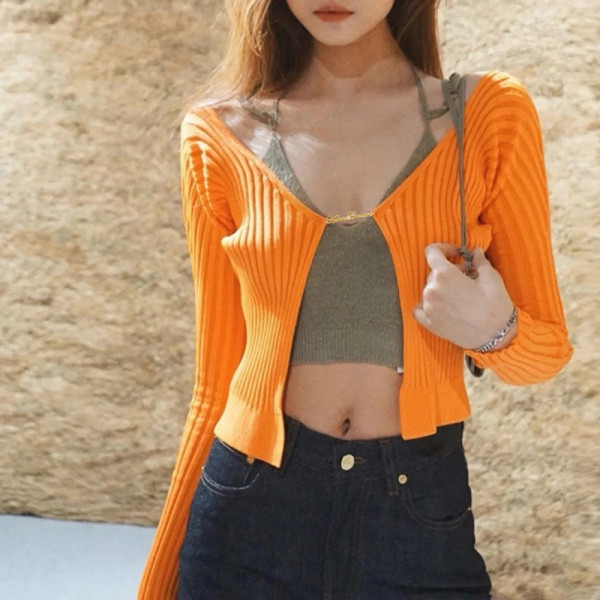 New women's long-sleeved half-open collar fashion cardigan Slim sexy cropped sweater women
