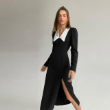 New women's fashion long-sleeved V-neck slim solid color split temperament dress for women