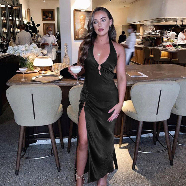 New women's dress with halter neck slim sexy split ends showing long legs temperament package hip dress women
