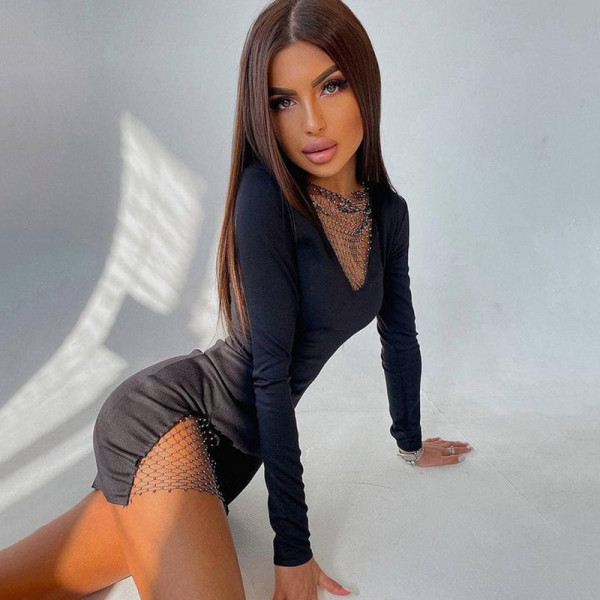 New women's fashion long-sleeved sexy hollow stitching slim fit hip dress