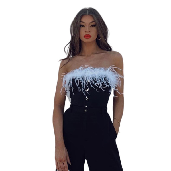 New Women's Fashion Trend Fur Collar Tube Top One Shoulder Single Breasted Slim Vest