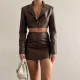 New women's lapel single-breasted jacket high waist bag hip PU skirt casual suit