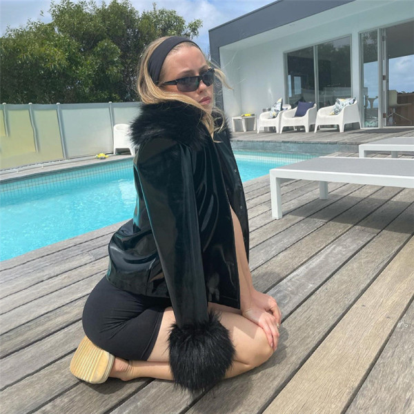 New women's fashion long-sleeved fur collar single-breasted slim-fit warm leather jacket women