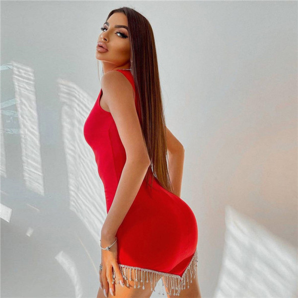 New women's fashion sleeveless round neck pendant hem slim fit hip dress