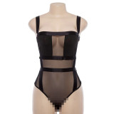 New women's one-word neck sling mesh stitching open back sexy slim bodysuit