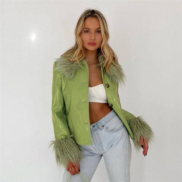 New women's fashion long-sleeved fur collar single-breasted slim-fit warm leather jacket women