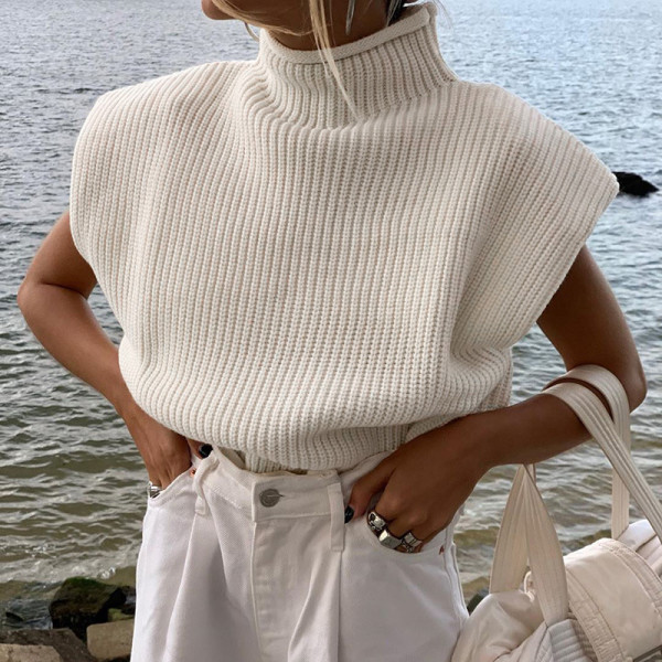 New solid color wool knit sweater sexy temperament high-neck short-sleeved sweater top women