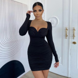 Women's Fashion Long Sleeve Square Collar Sexy Low Cut Slim Fit Hip Dress