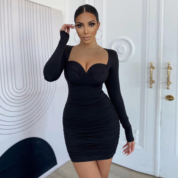 Women's Fashion Long Sleeve Square Collar Sexy Low Cut Slim Fit Hip Dress