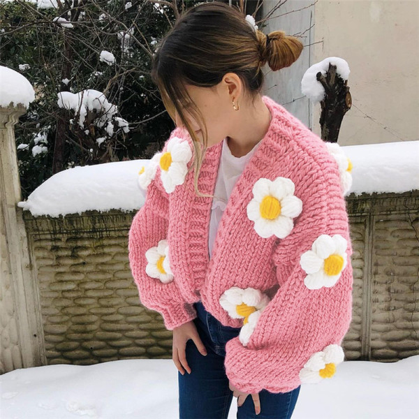 New women's fashion round neck lantern sleeve knitted cardigan short sweater women