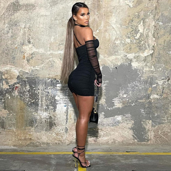 Women's new lace tube top mesh stitching sexy hip dress