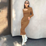 Women's autumn new style commuter high-neck hollow woolen high-waist dress