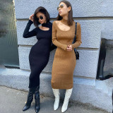 Women's autumn new style commuter high-neck hollow woolen high-waist dress