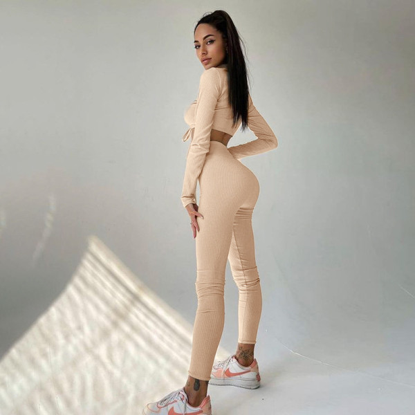 New solid color long-sleeved ruffled tethered sports yoga suit for women