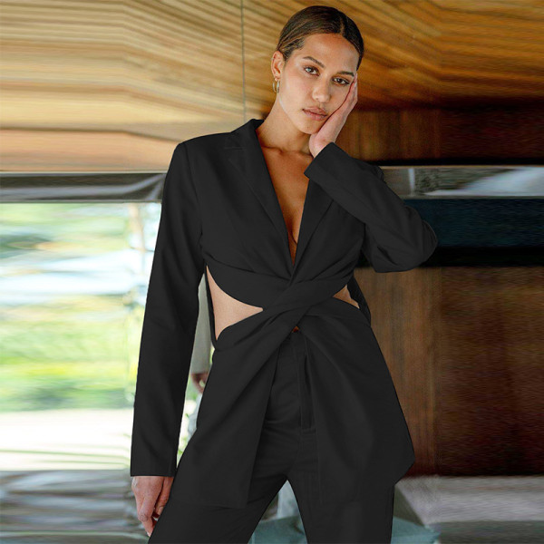 New women's fashion long-sleeved lapel sexy hollow casual casual temperament small suit