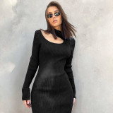 Women's autumn new style commuter high-neck hollow woolen high-waist dress