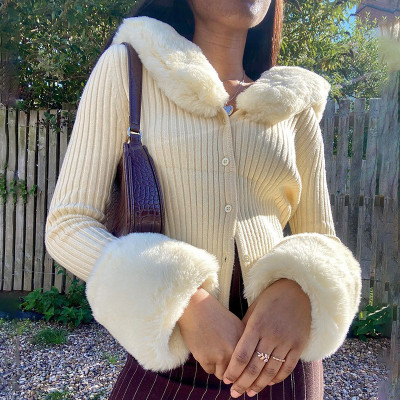 Winter new style long-sleeved blouse sexy furry collar knitted jacket blouse women