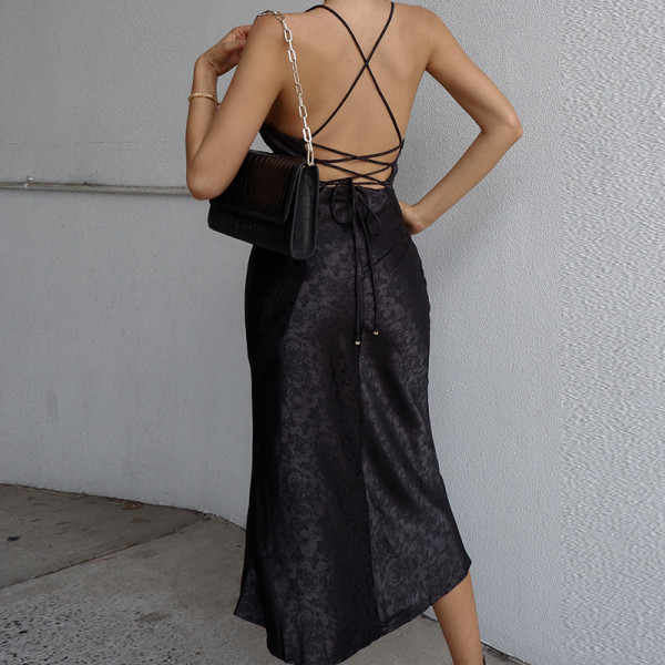 New sexy lace dress satin print texture suspender dress women