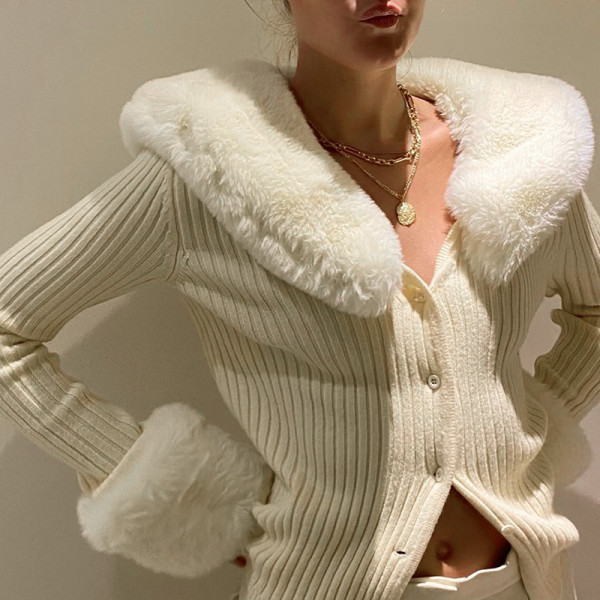 Winter new style long-sleeved blouse sexy furry collar knitted jacket blouse women