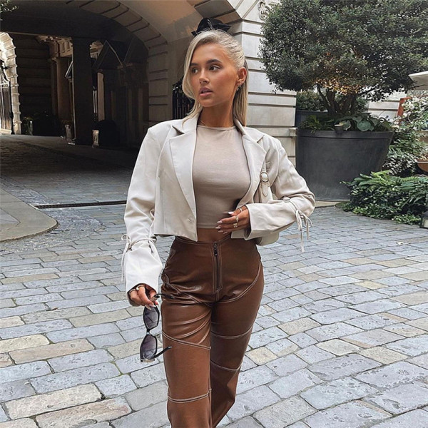 New women's fashion high waist slimming straight slim casual leather trousers for women