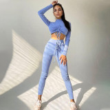 New solid color long-sleeved ruffled tethered sports yoga suit for women