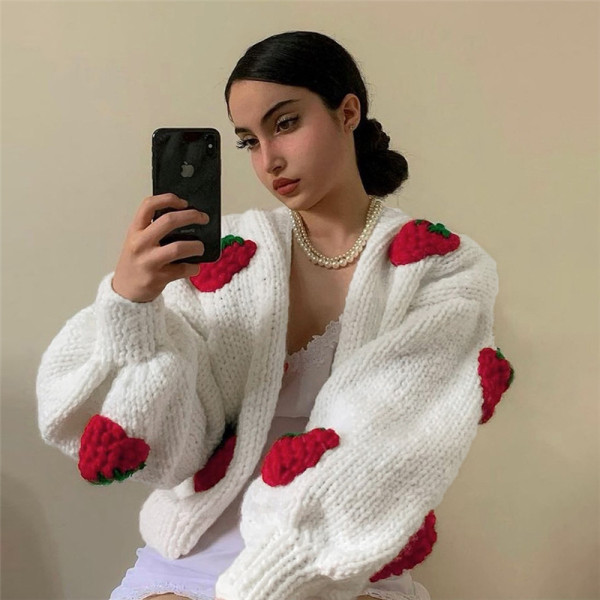 Women's Fashion Design Single-breasted V-neck Knit Cardigan Strawberry Long Sleeve Sweater
