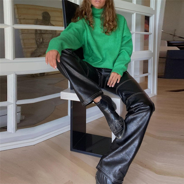 New women's fashion high waist slimming straight slim casual leather trousers for women