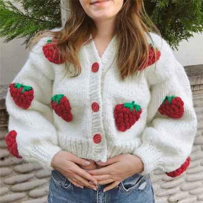 Women's Fashion Design Single-breasted V-neck Knit Cardigan Strawberry Long Sleeve Sweater