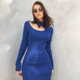 Women's autumn new style commuter high-neck hollow woolen high-waist dress