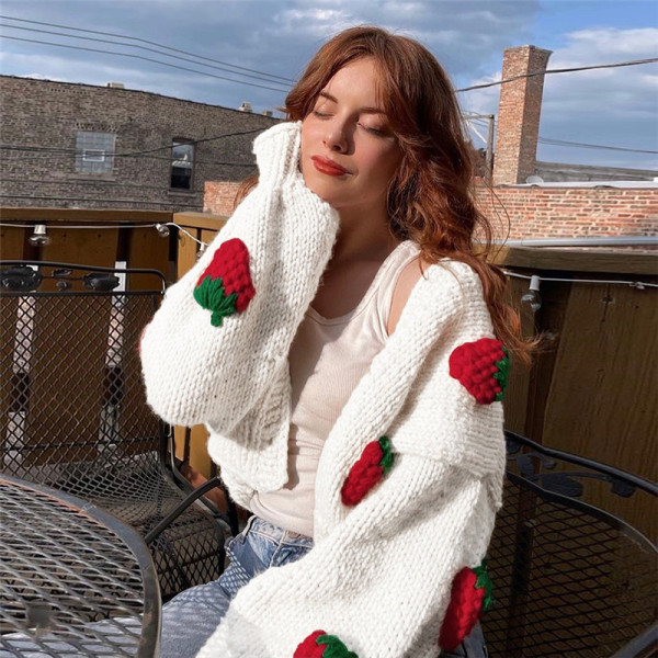 Women's Fashion Design Single-breasted V-neck Knit Cardigan Strawberry Long Sleeve Sweater