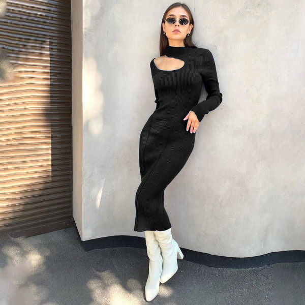 Women's autumn new style commuter high-neck hollow woolen high-waist dress