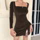 New solid color Korean velvet dress sexy U-neck round neck split skirt