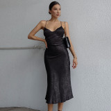 New sexy lace dress satin print texture suspender dress women