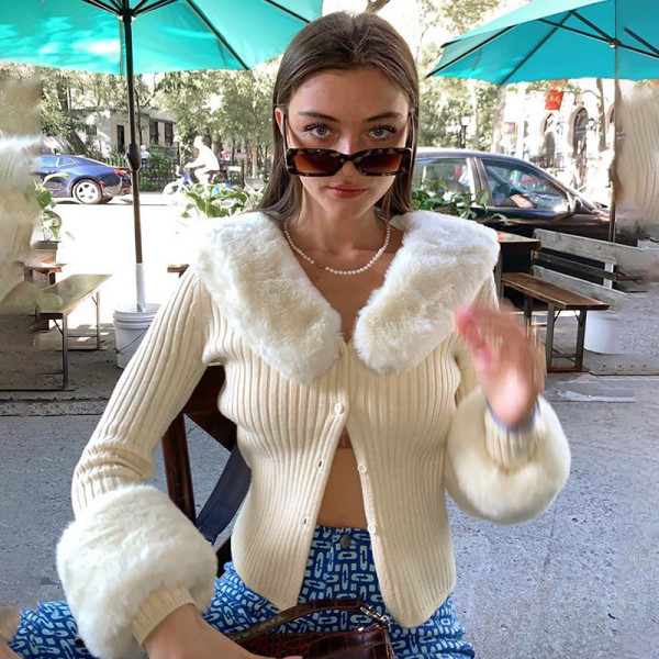 Winter new style long-sleeved blouse sexy furry collar knitted jacket blouse women
