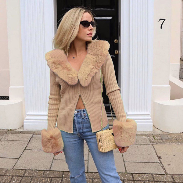 Winter new style long-sleeved blouse sexy furry collar knitted jacket blouse women