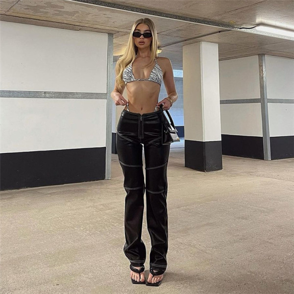 New women's fashion high waist slimming straight slim casual leather trousers for women
