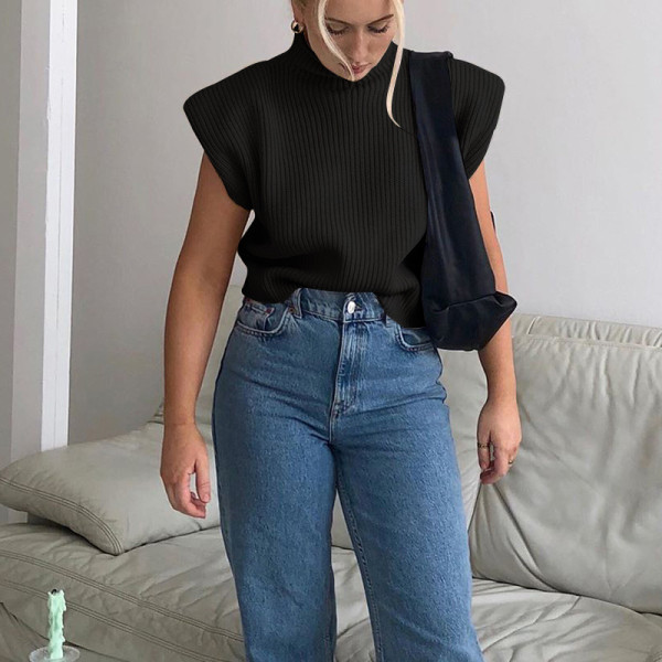 New solid color wool knit sweater sexy temperament high-neck short-sleeved sweater top women