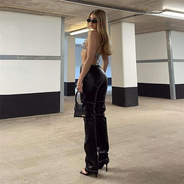 New women's fashion high waist slimming straight slim casual leather trousers for women